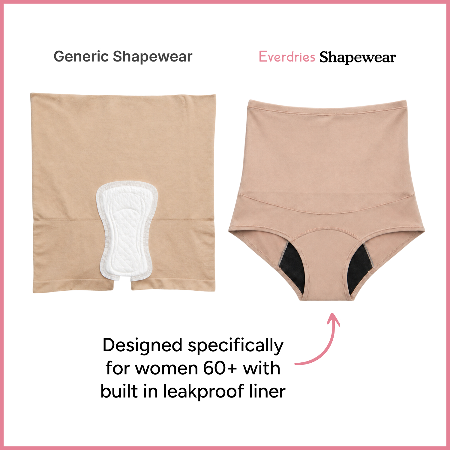 A comparison of generic shapewear with a pad versus Everdries shapewear with a built-in leakproof liner.