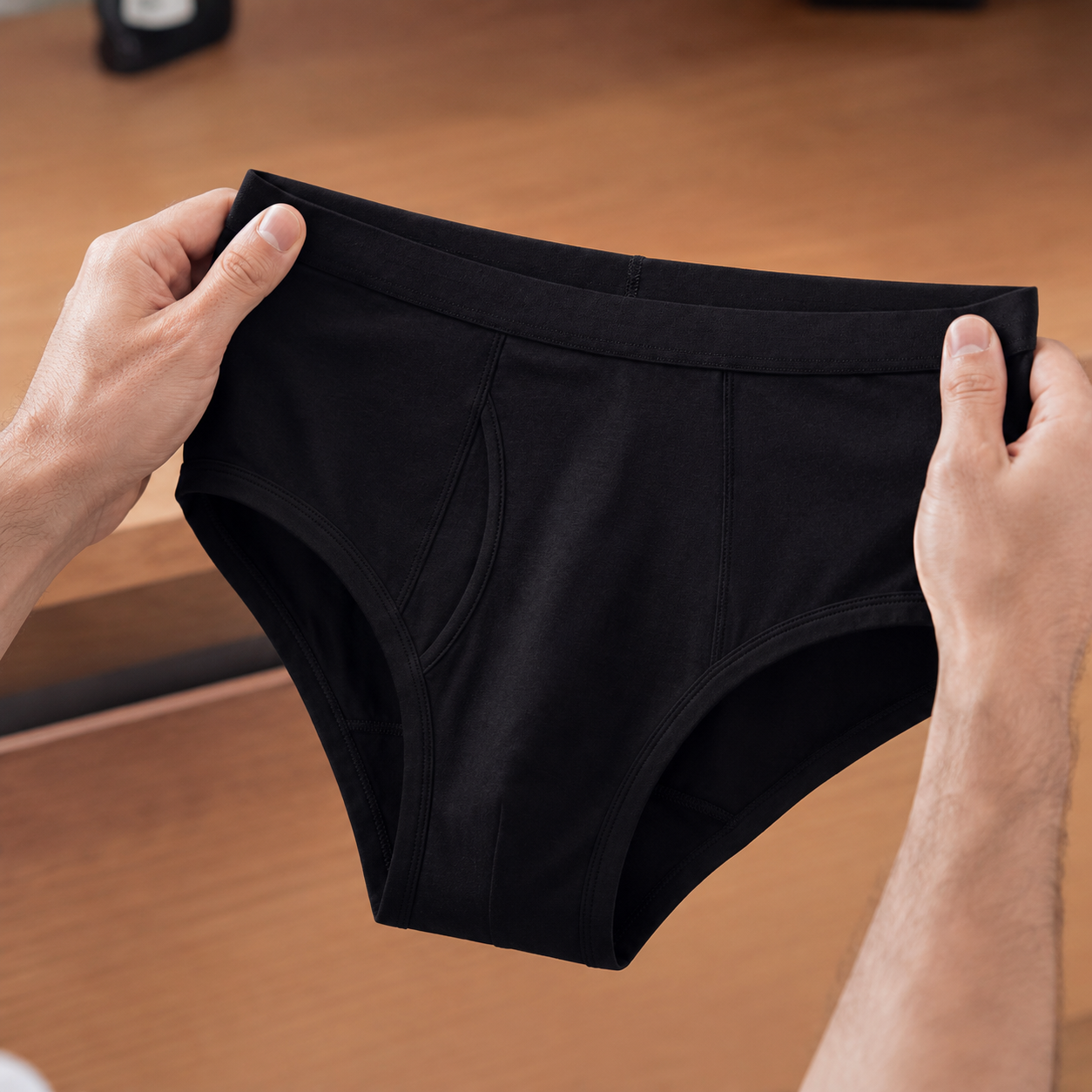 A person's hands holding up a pair of black men's briefs against a wooden background.