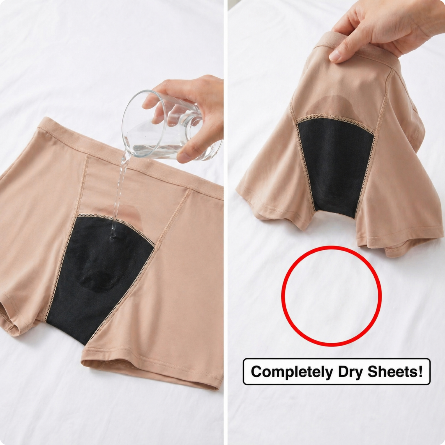 A demonstration of leak-proof underwear, showing water poured inside does not soak through to the sheet below.