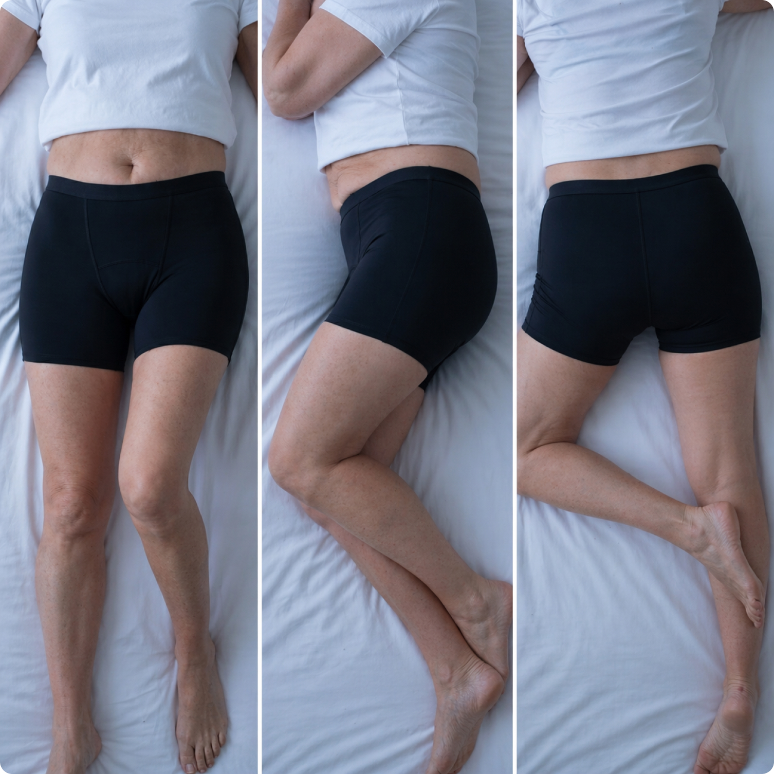 A triptych showing a person in black shorts and a white shirt lying in different positions on a bed.