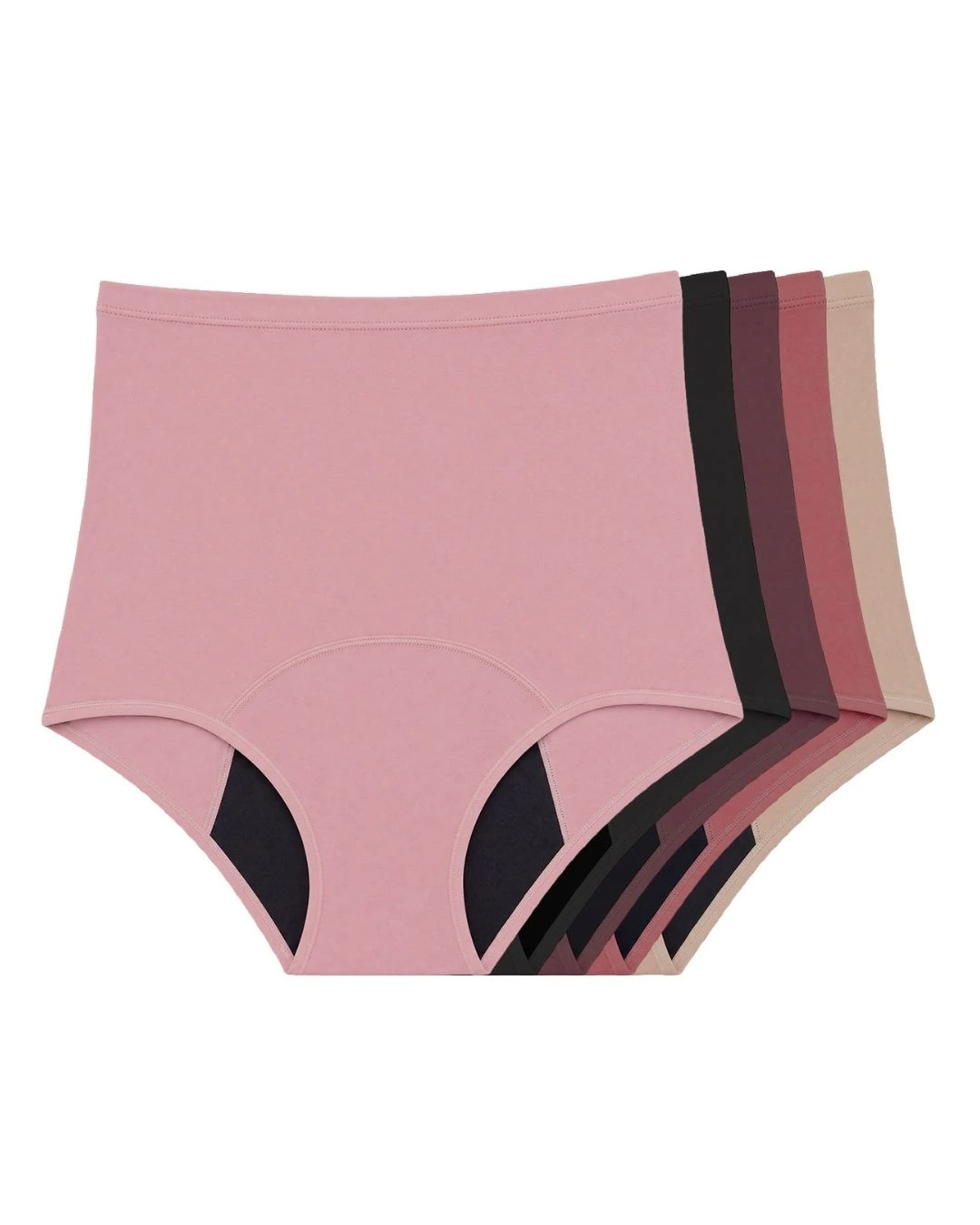 A stack of five pairs of high-waisted underwear in various colors, including pink, black, and shades of brown.