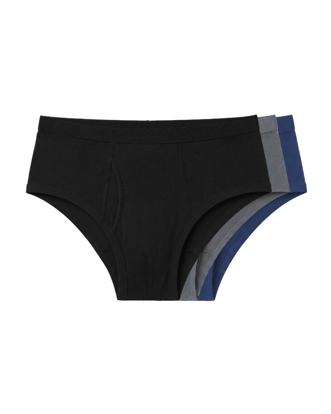 A stack of three pairs of men's briefs in black, grey, and blue against a white background.