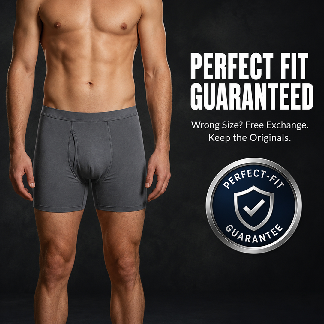 A muscular man models grey boxer briefs next to a 'Perfect Fit Guaranteed' graphic.