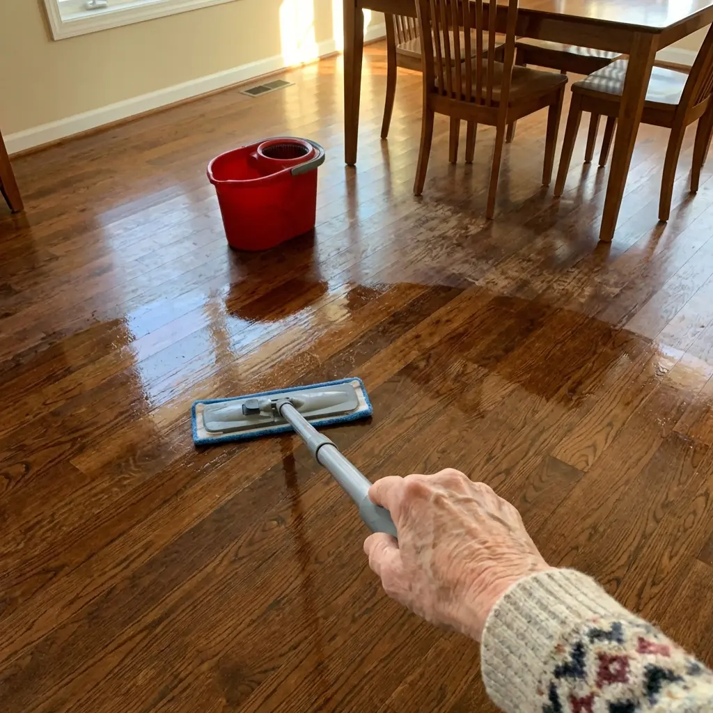 A first-person view of a person mopping a wet hardwood floor with a flat mop.