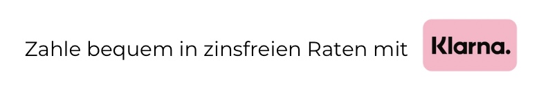 Text promoting interest-free payments with Klarna, pink Klarna logo on right.