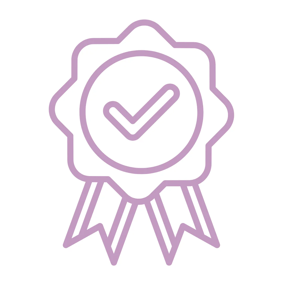 Purple outline of a badge with a checkmark inside.