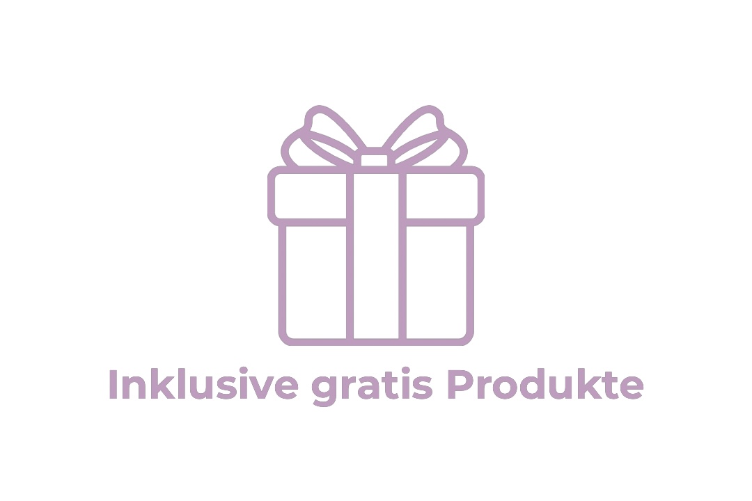 Outline of a gift box with text 'Inklusive gratis Produkte' below.