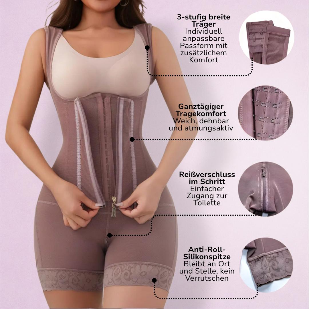 Woman wearing shapewear with descriptive text and detail close-ups.