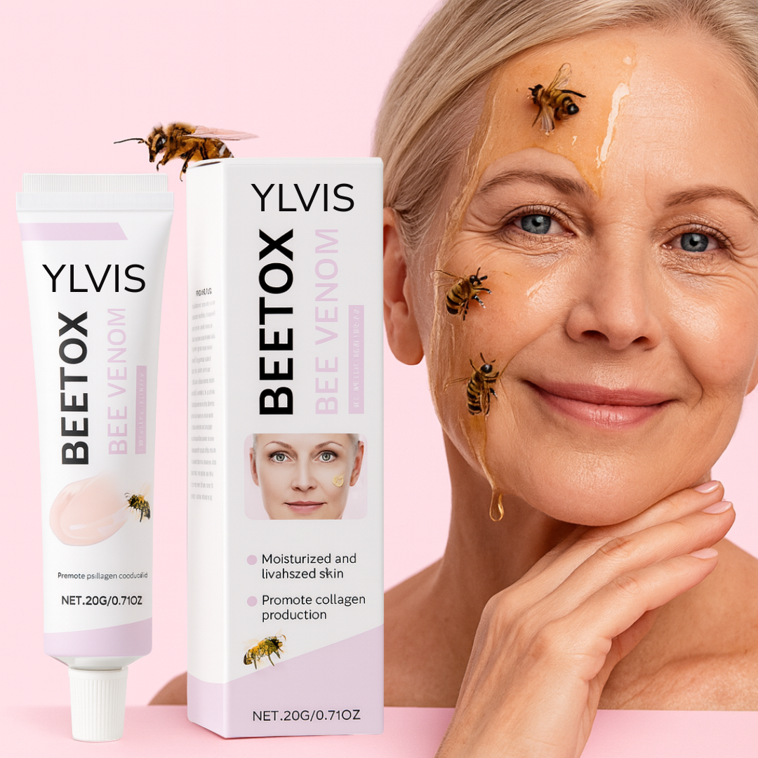 Woman with bees on her face, next to beetox cream packaging.
