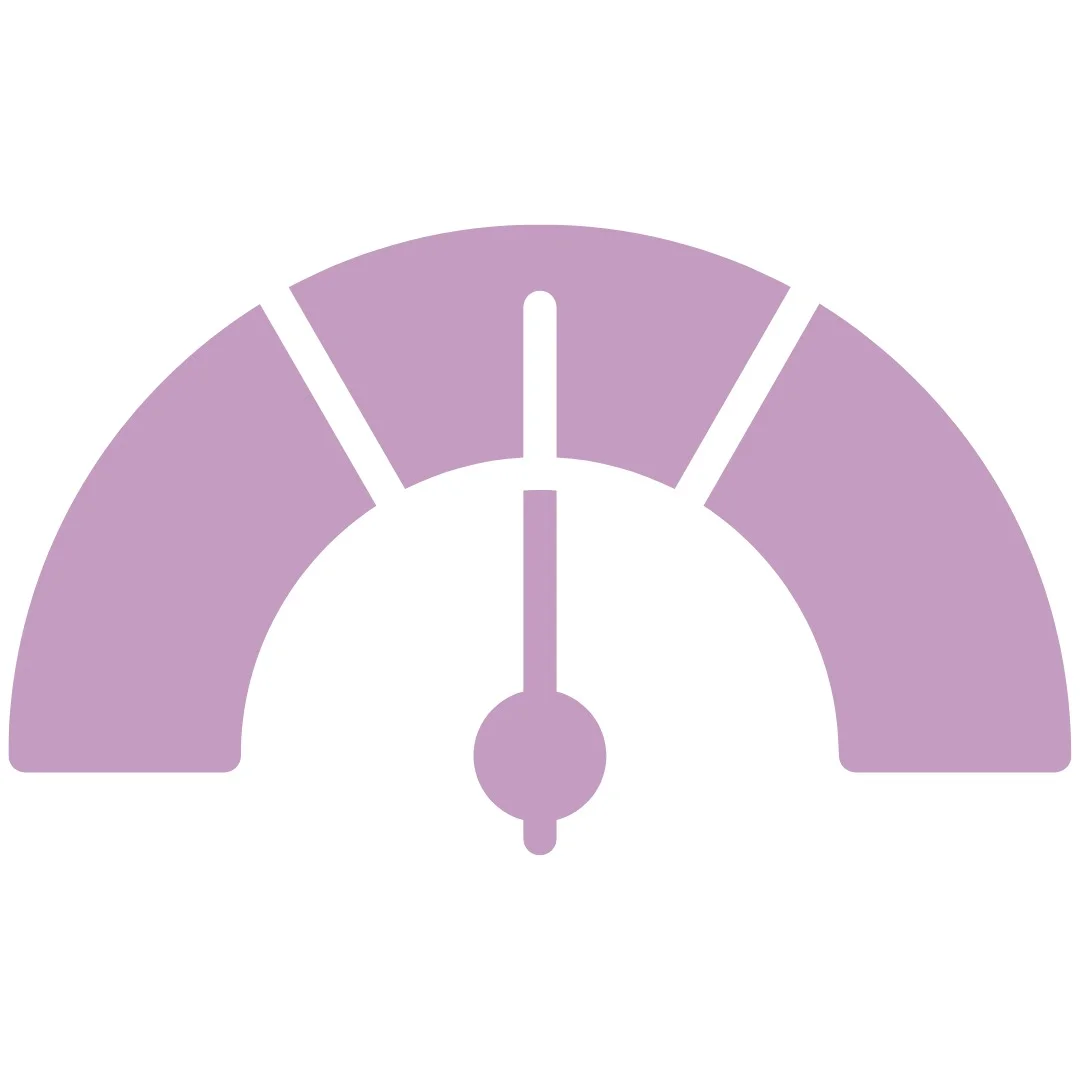 Purple speedometer icon with a central needle on a white background.