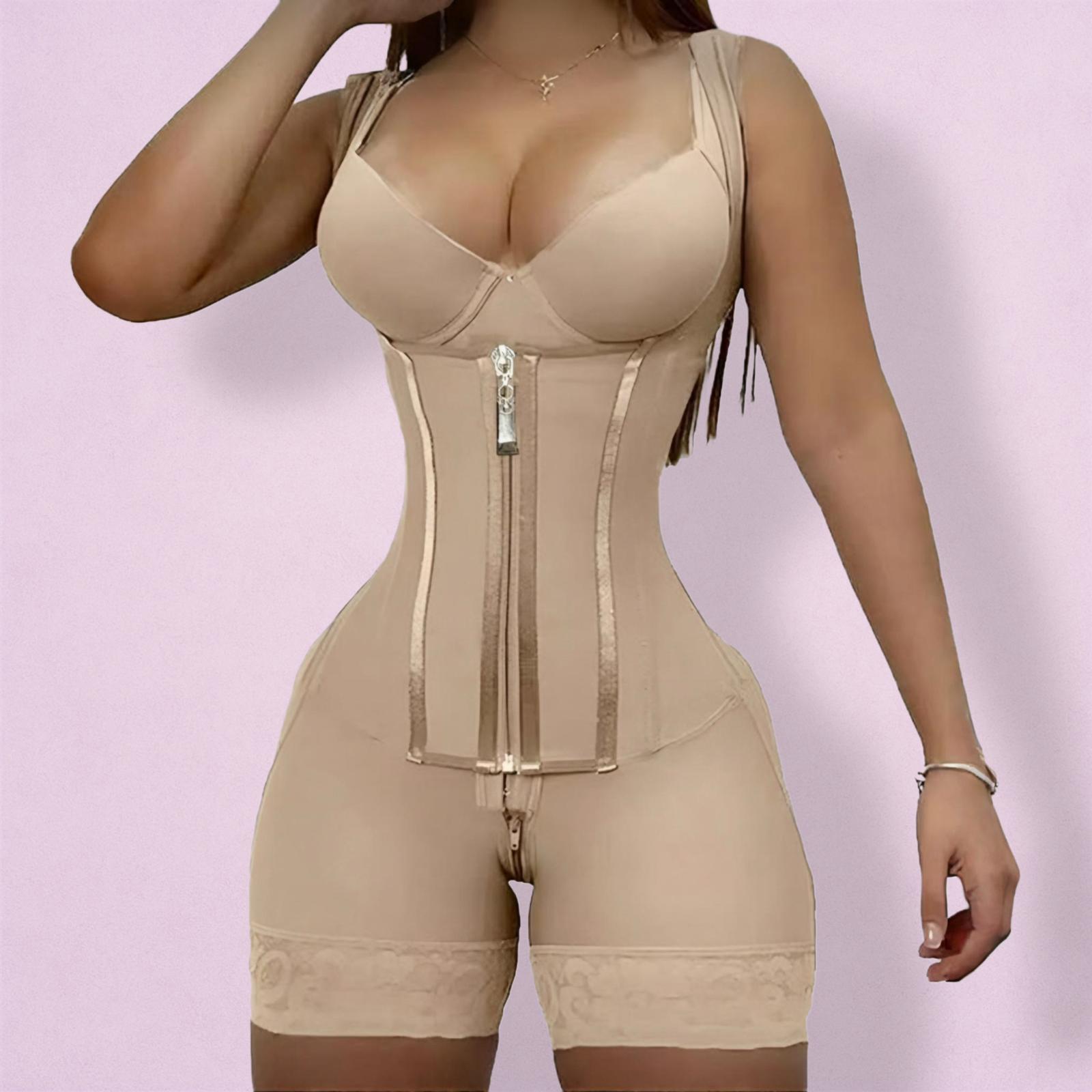 Person wearing a beige shapewear garment against a plain background.
