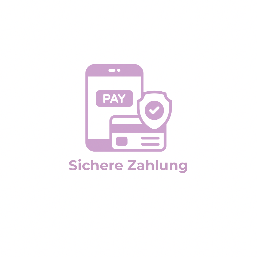 Illustration of a phone, credit card, and shield with 'Sichere Zahlung' text.