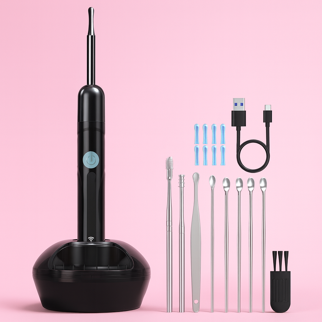 Black device with attachments and charging cables on a pink background.