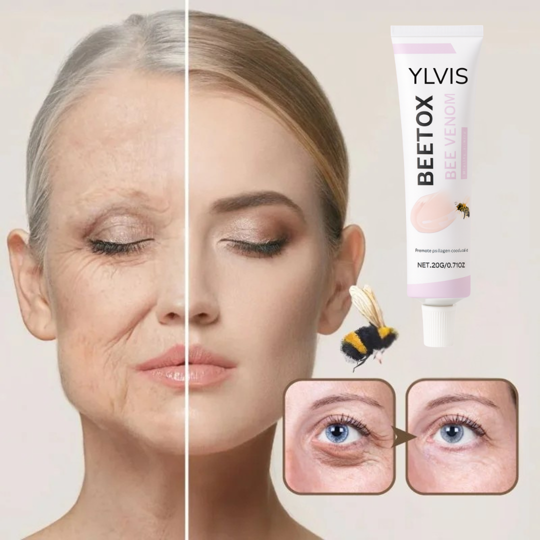 Split face image with cream, bee, and eye close-ups demonstrating anti-aging effect.