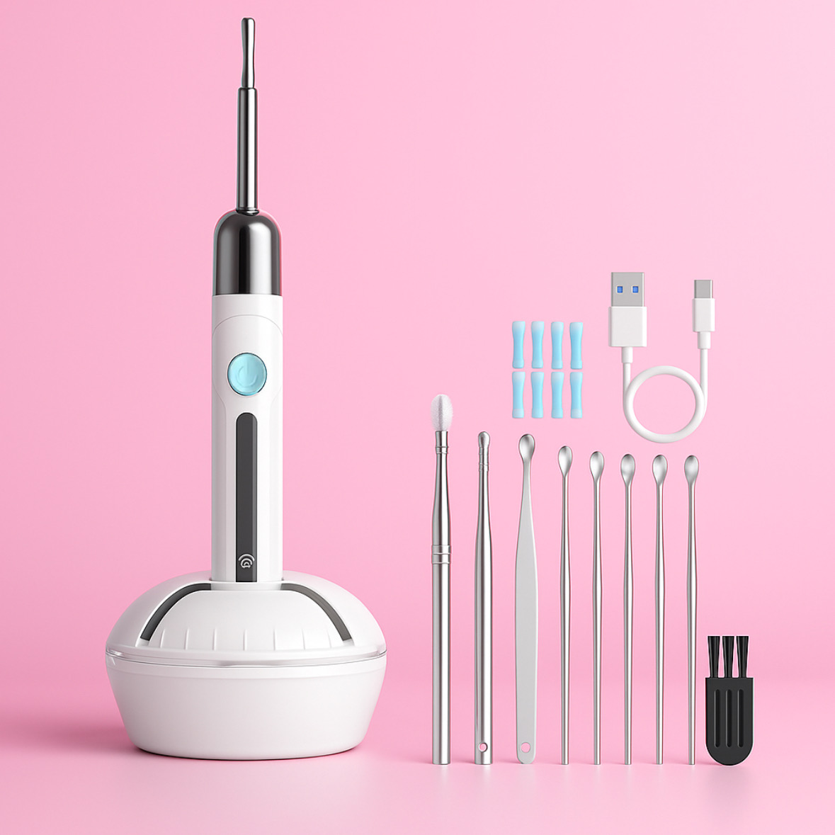 Electric ear cleaner set with multiple metal and silicone tools on pink background.