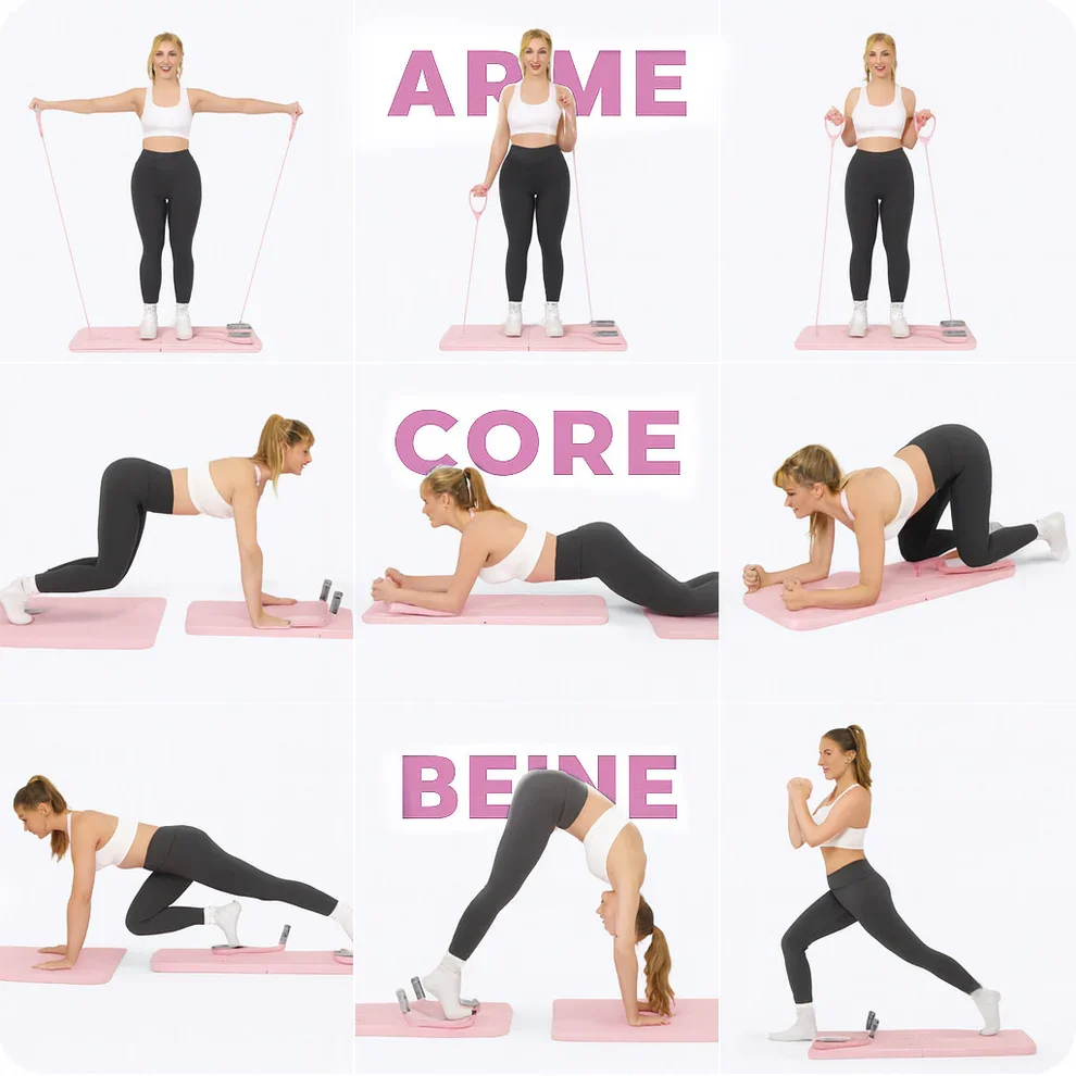 Collage of a woman demonstrating various exercises on a pink mat.
