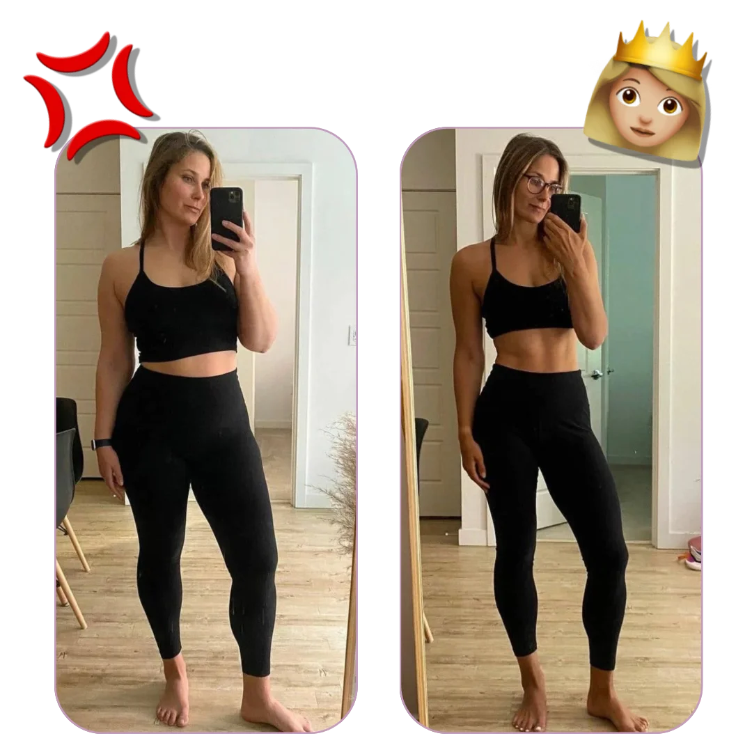 Two side-by-side mirror selfies of a woman in black workout attire.