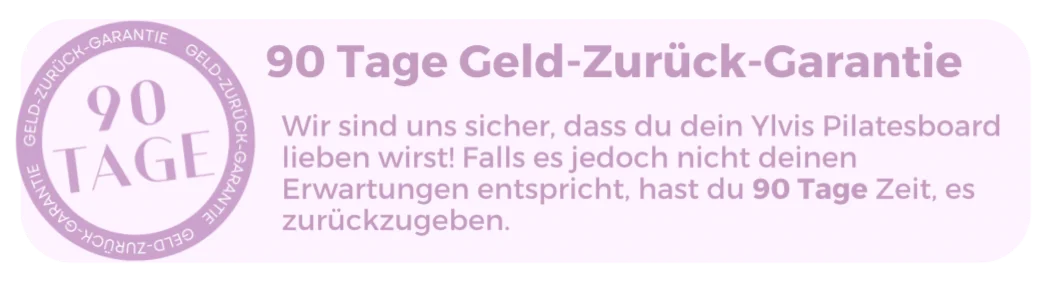 German text about a 90-day money-back guarantee with a circular seal.