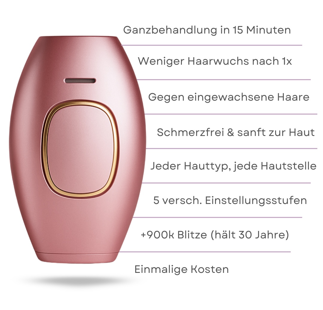 Pink hair removal device with German text detailing features.