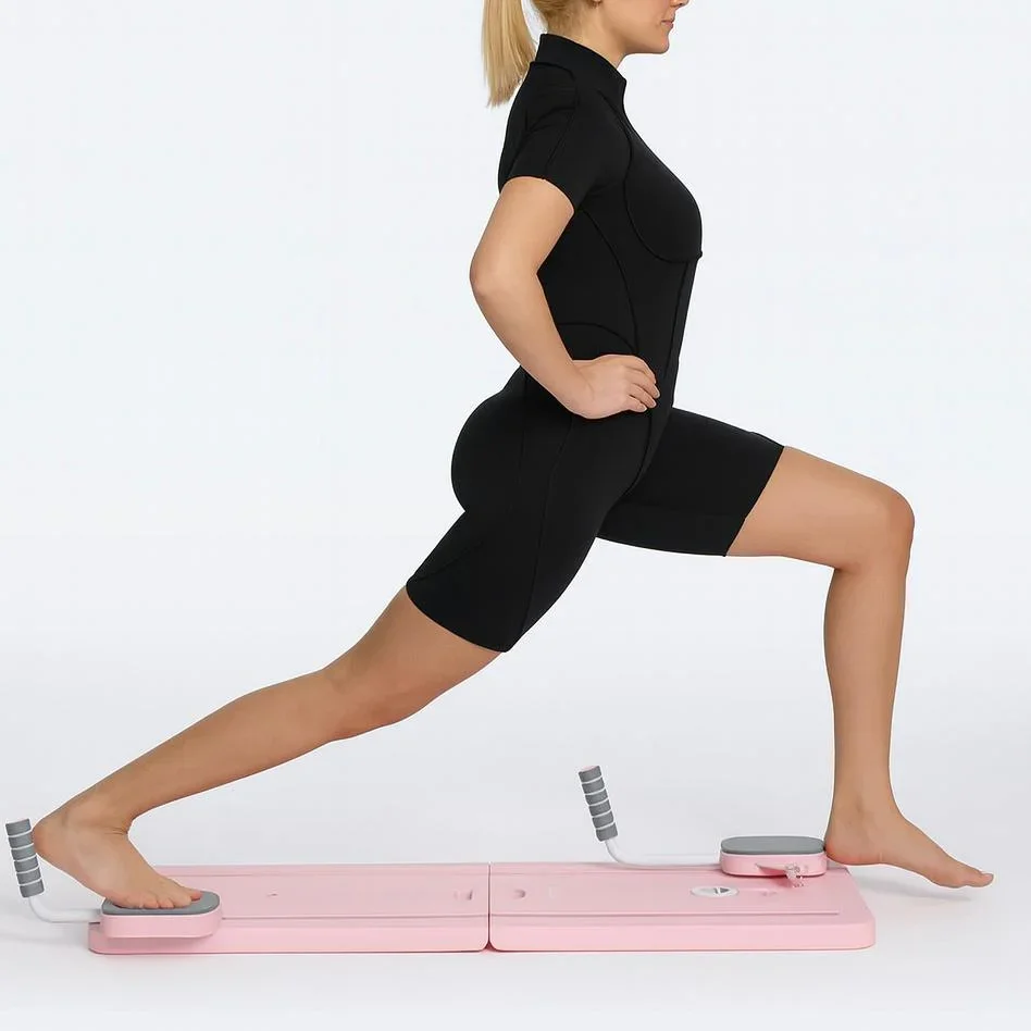 Person in black outfit doing a lunge on a pink exercise platform.