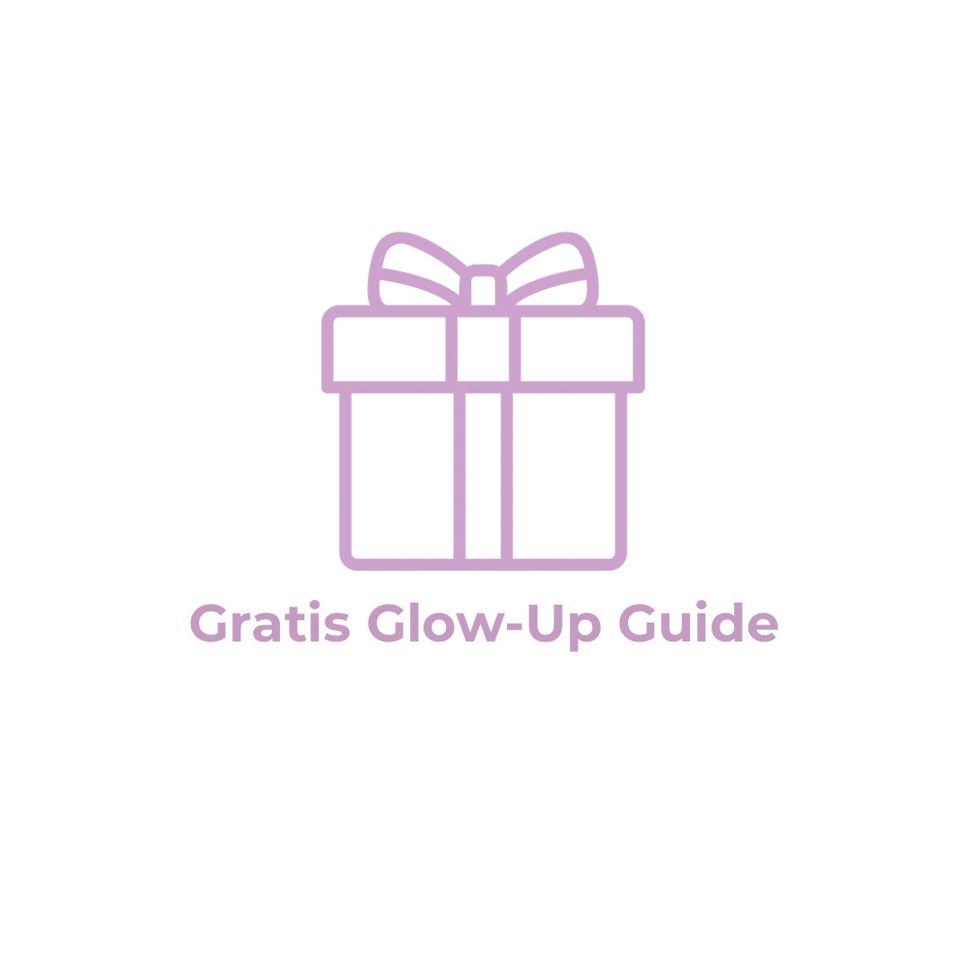 Purple outline of a gift box with a bow and text 'Gratis Glow-Up Guide.'