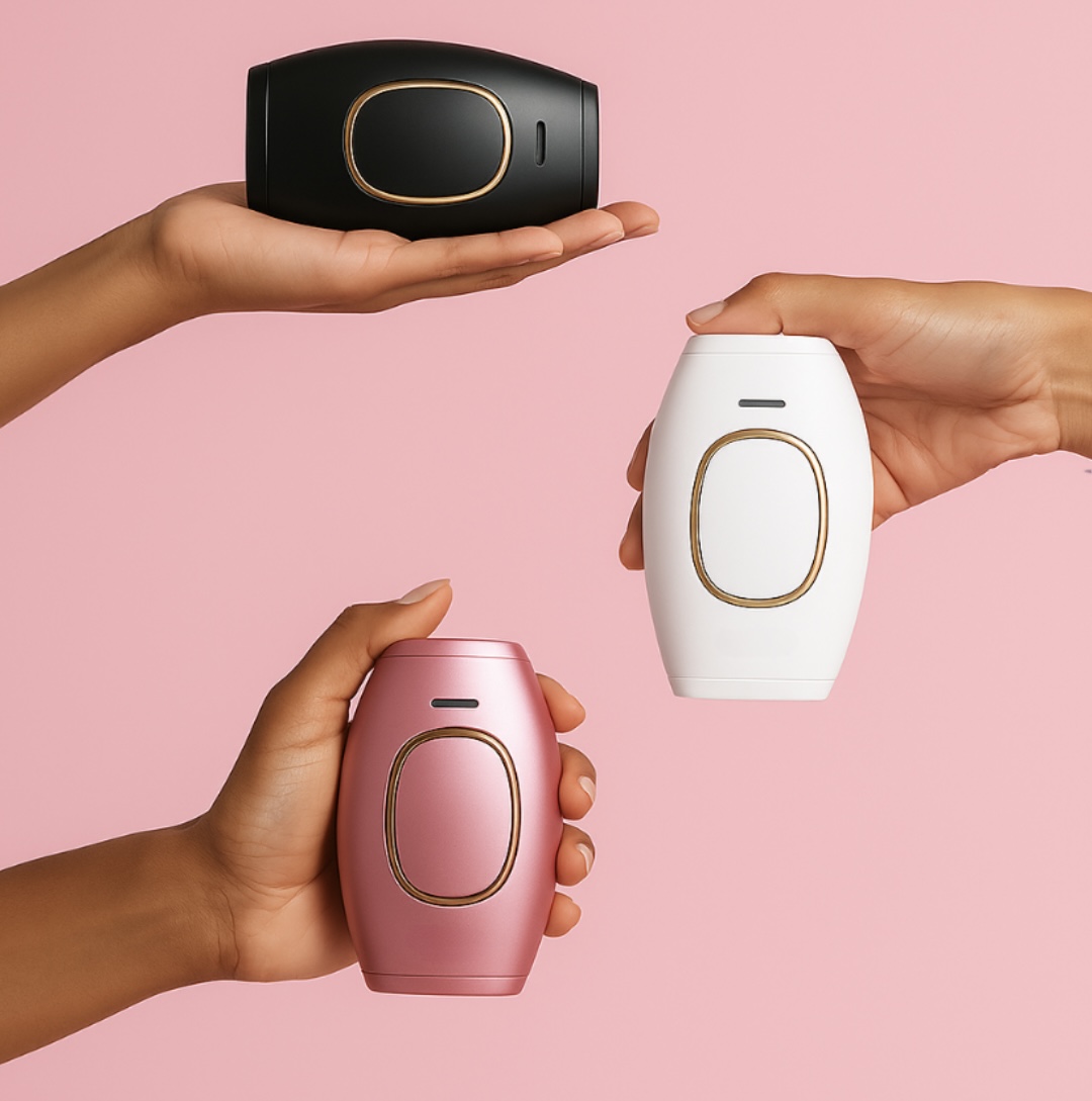 Three hands holding black, white, and pink electronic devices against a pink background.