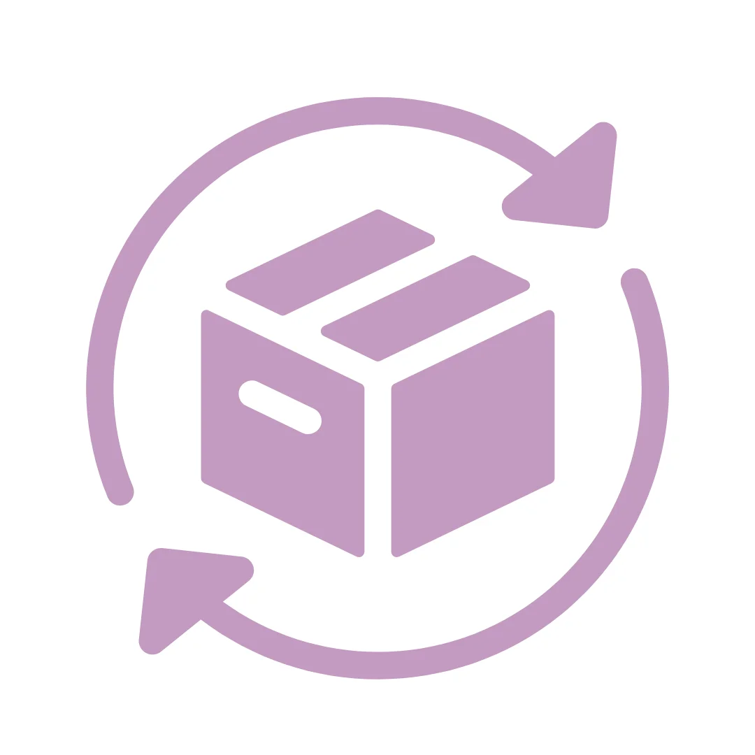 Purple box icon with circular arrows around it.