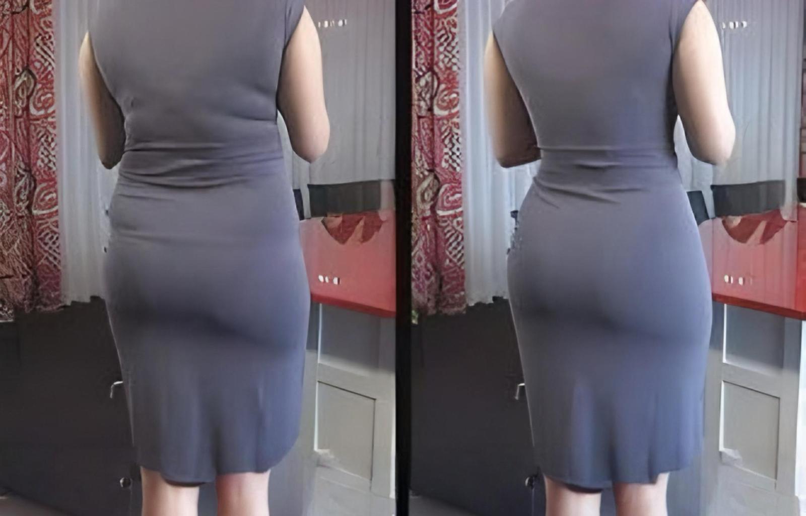 Person in a gray dress standing, mirrored reflection in a room with red details.