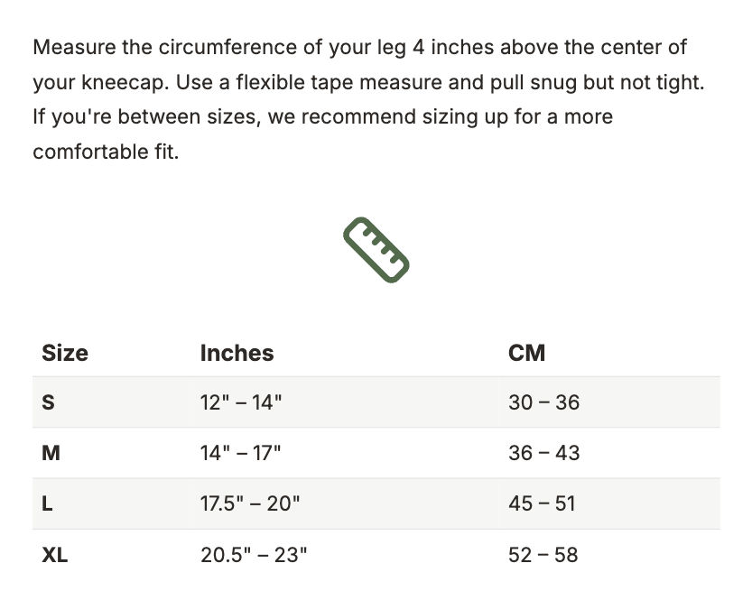 A size chart with instructions, showing measurements in inches and centimeters for sizes S, M, L, and XL.