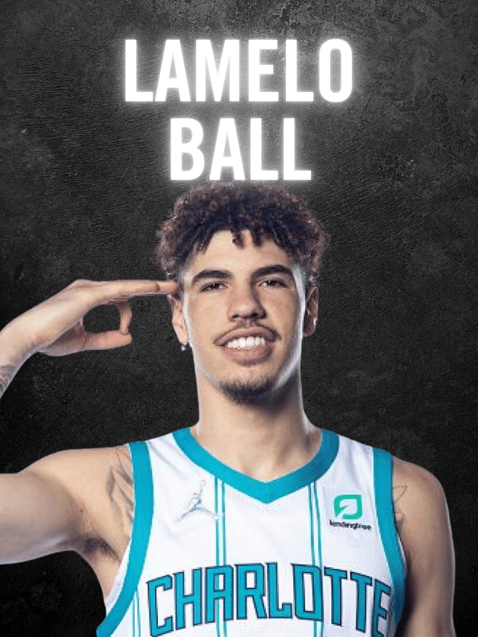 Basketball player in Charlotte jersey, saluting, with 'LAMELO BALL' text above.