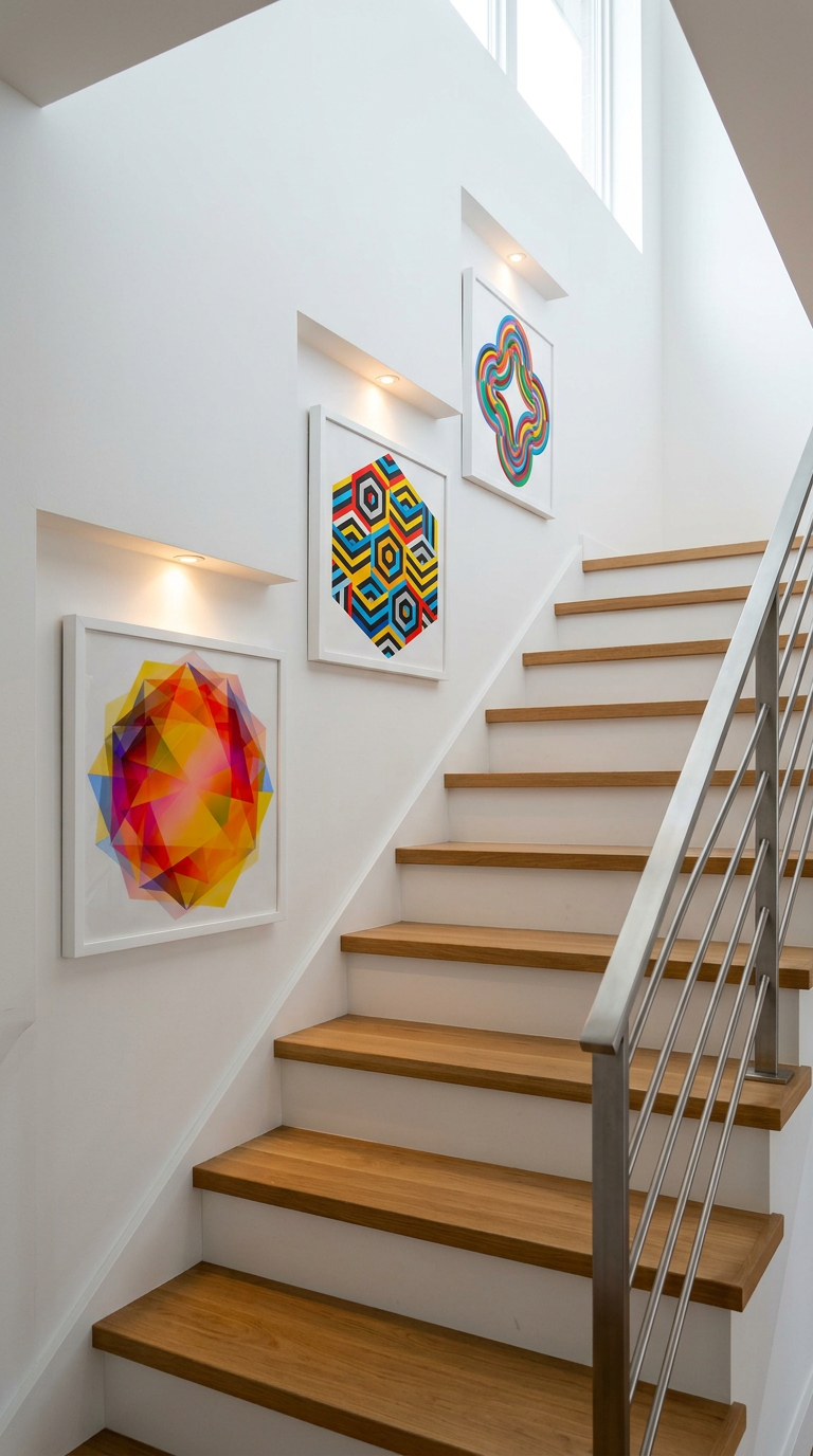 A modern wooden staircase with three pieces of colorful, geometric art hung in recessed wall niches.
