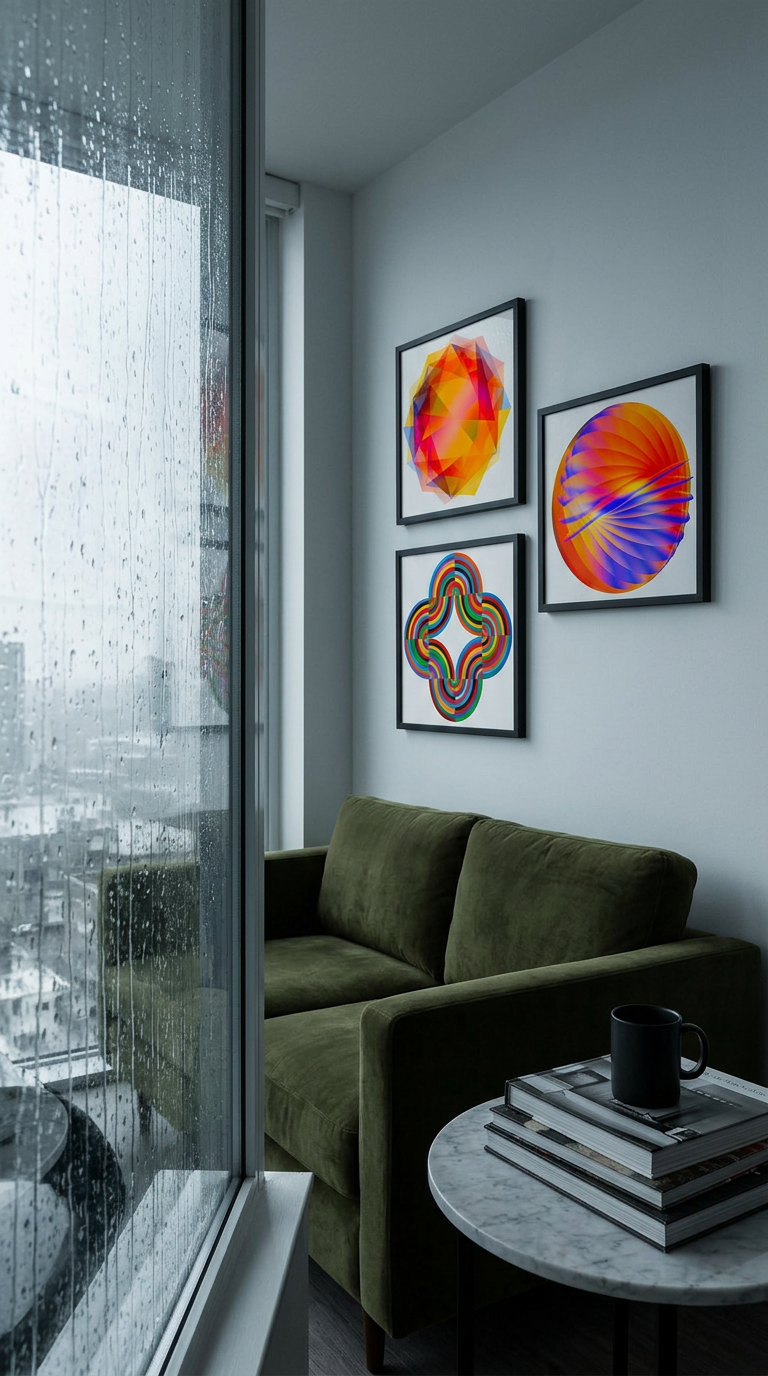 A dark desk with a laptop and lamp under three framed pieces of colorful abstract art.