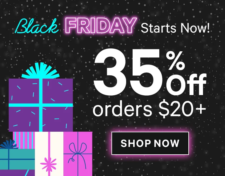 Black Friday sale ad with gifts, 35% off orders over $20.