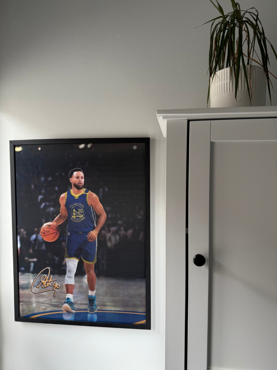 Framed basketball player poster on wall beside a white cabinet with a potted plant on top.