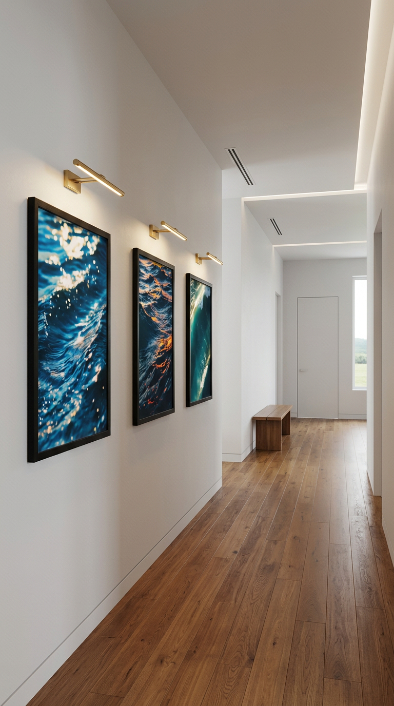 A modern hallway with a wood floor, white walls, and three lit pictures of ocean waves.