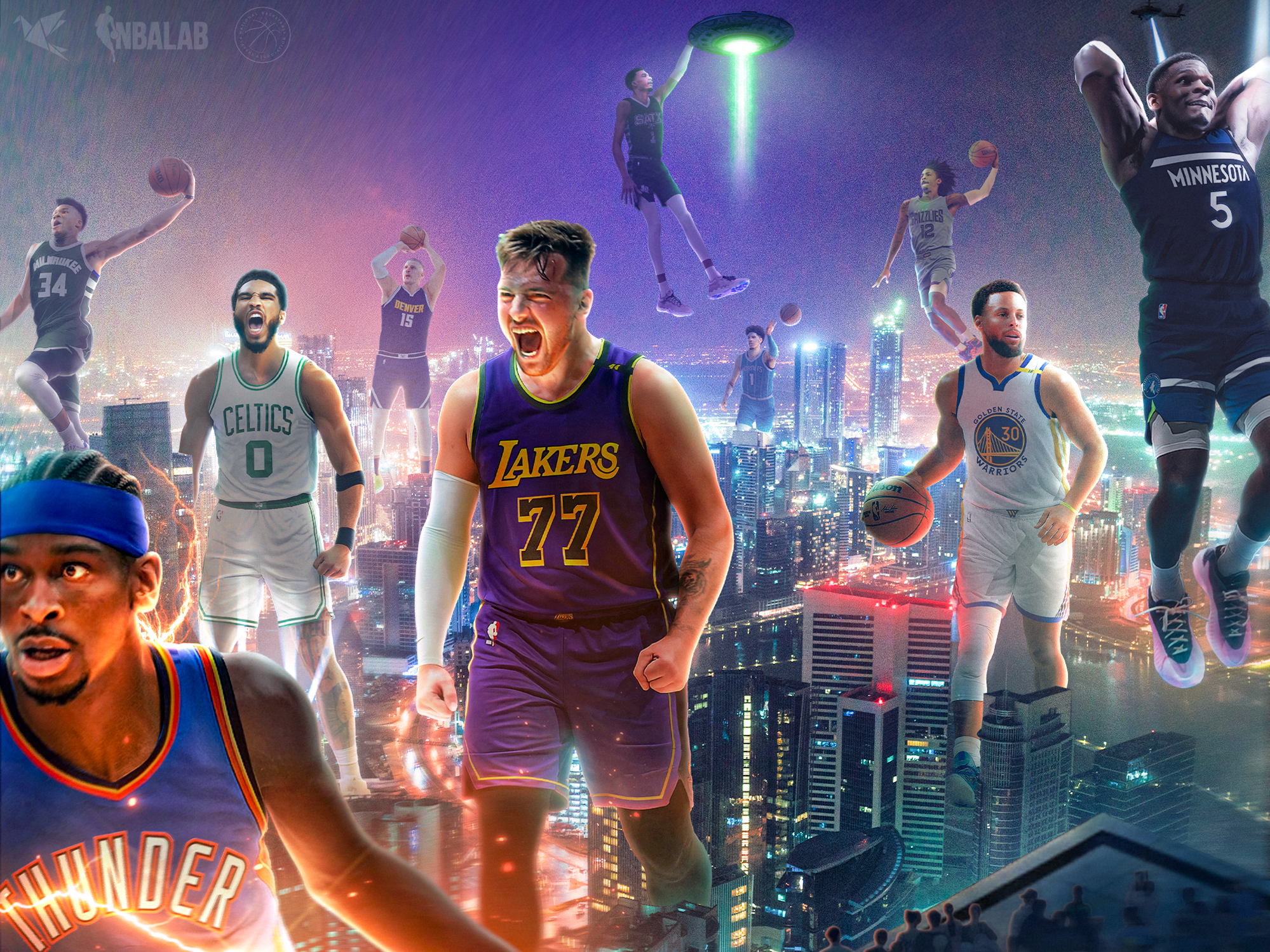 Basketball players in jerseys superimposed over a cityscape with a UFO and helicopter.