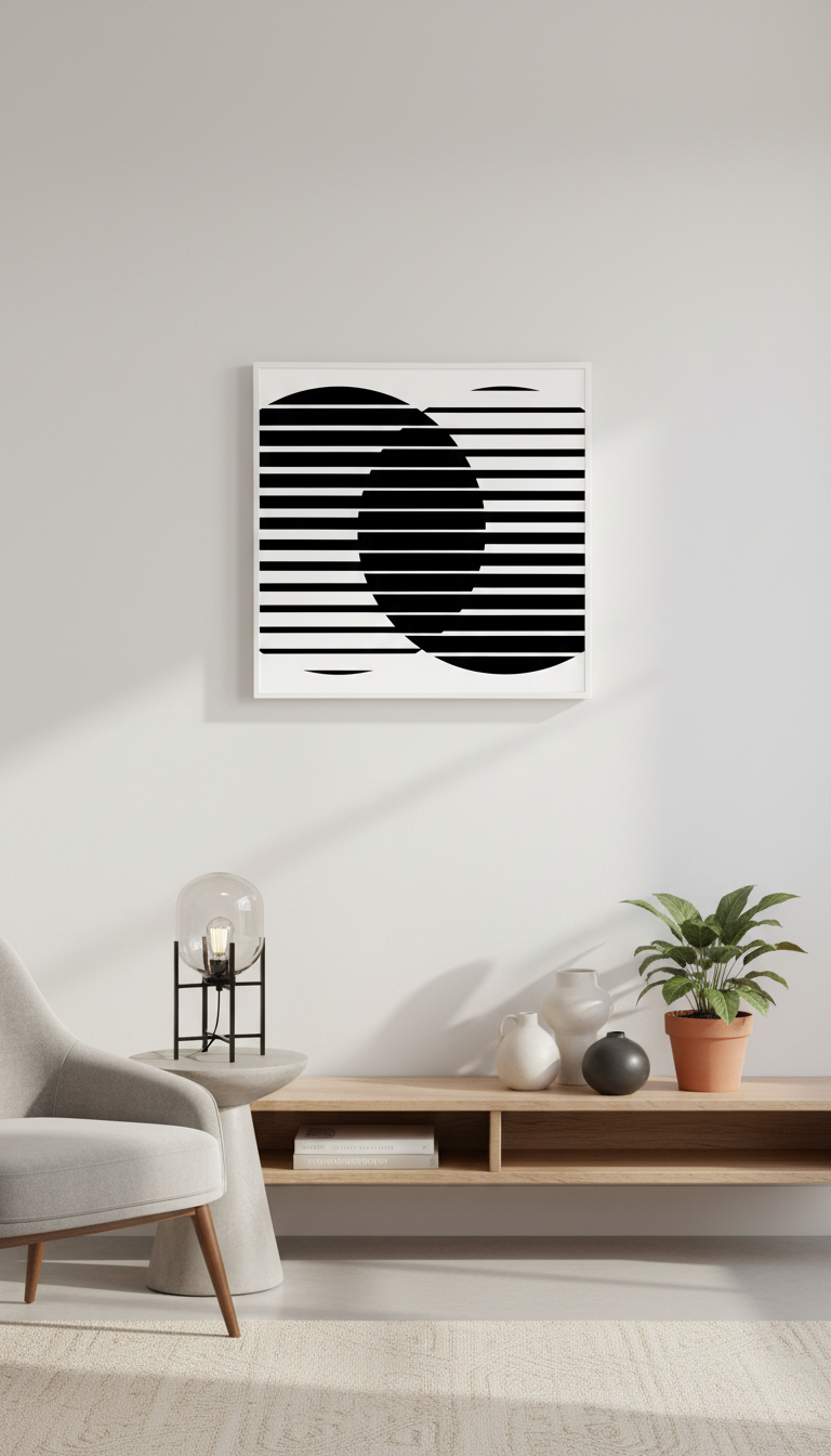 Minimalist living room with abstract black and white wall art and modern decor.