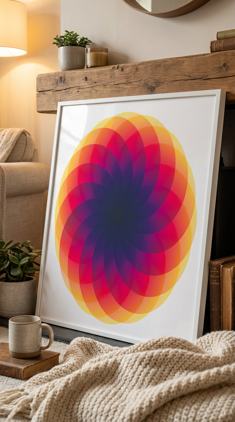 Colorful overlapping petal pattern artwork leaning against a wooden ledge.