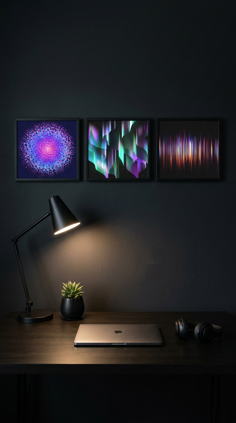 Four framed colorful geometric art prints hang on a sunlit wall next to a sofa and side table.