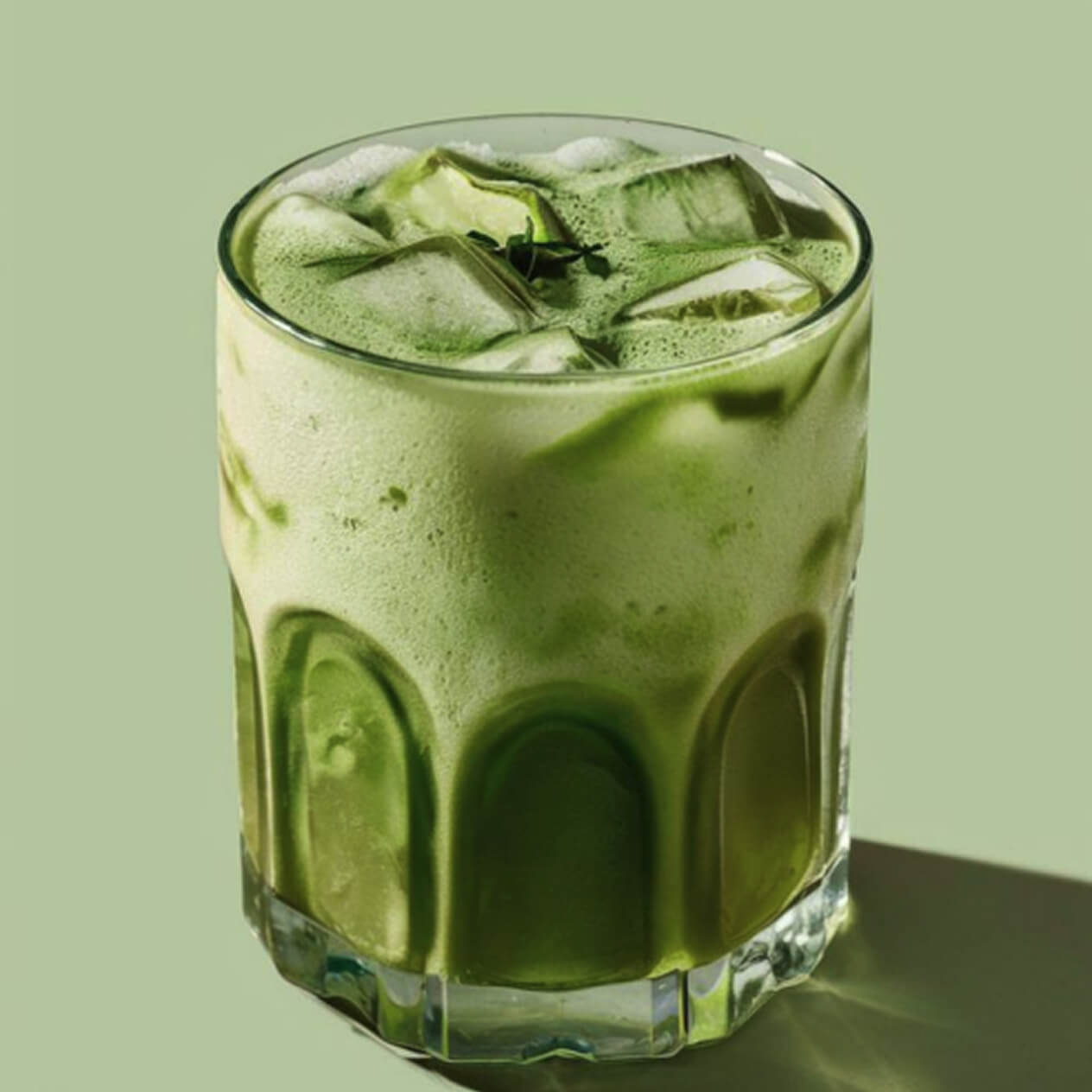 A glass of iced green matcha latte on a green background.