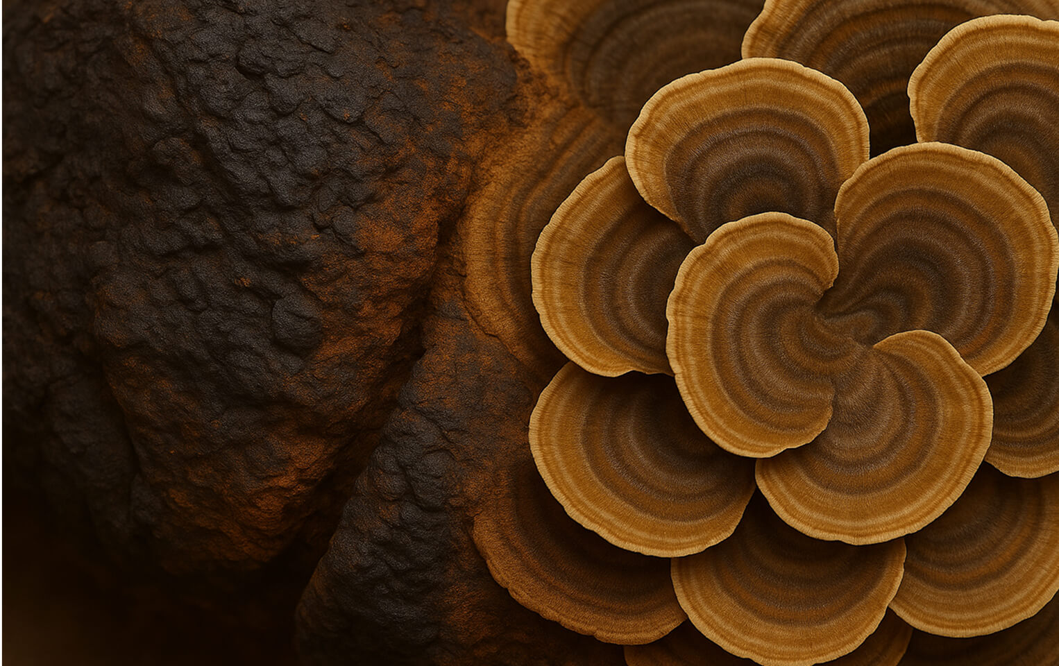 Close-up of brown, layered mushroom-like growths on a textured surface.