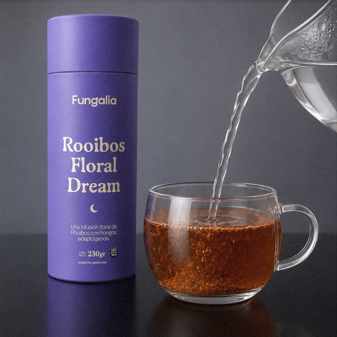 Water is being poured into a clear glass mug of rooibos tea next to its purple canister.