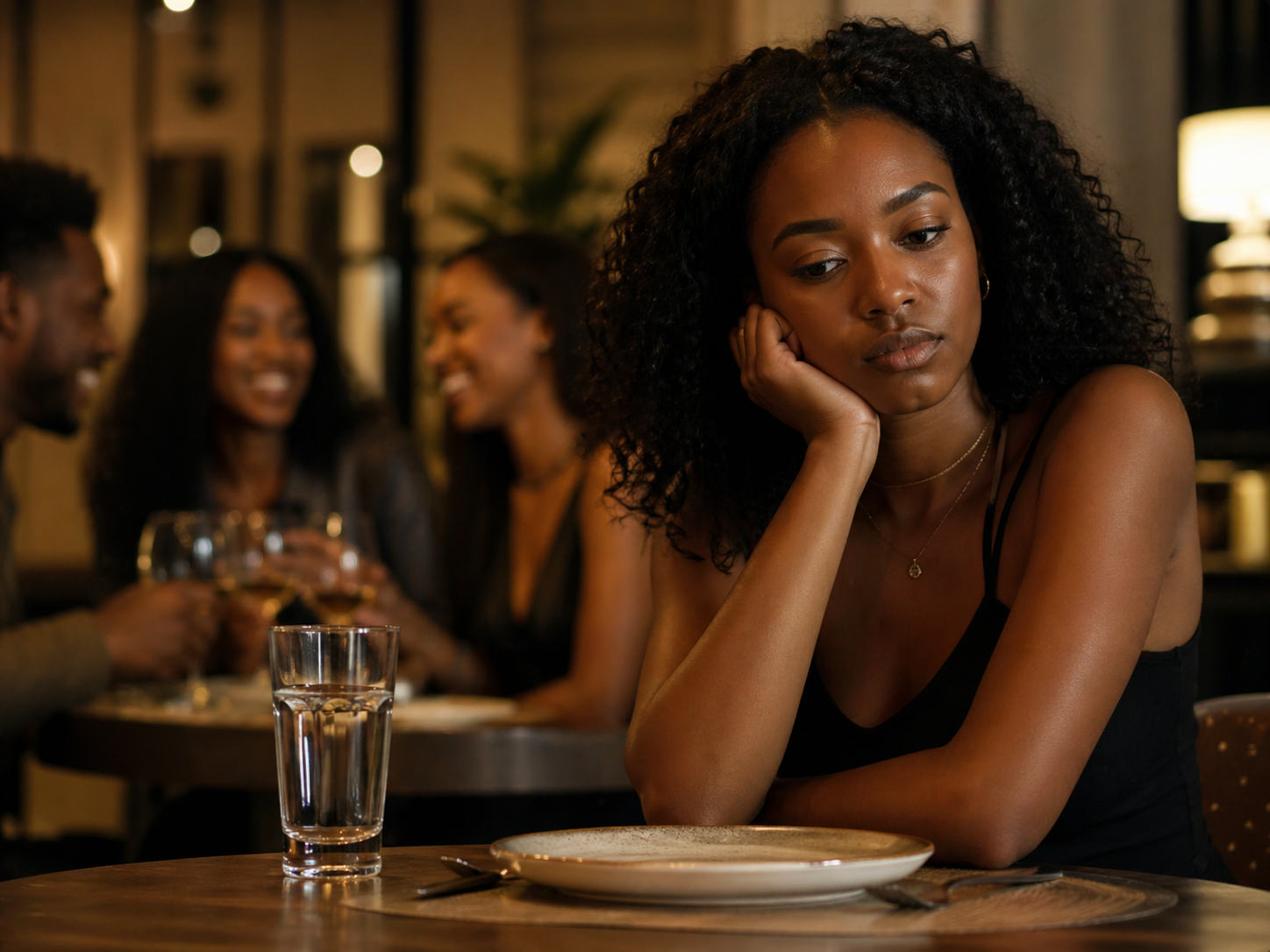 A sad woman sits at a restaurant table while a group of people socializes behind her.