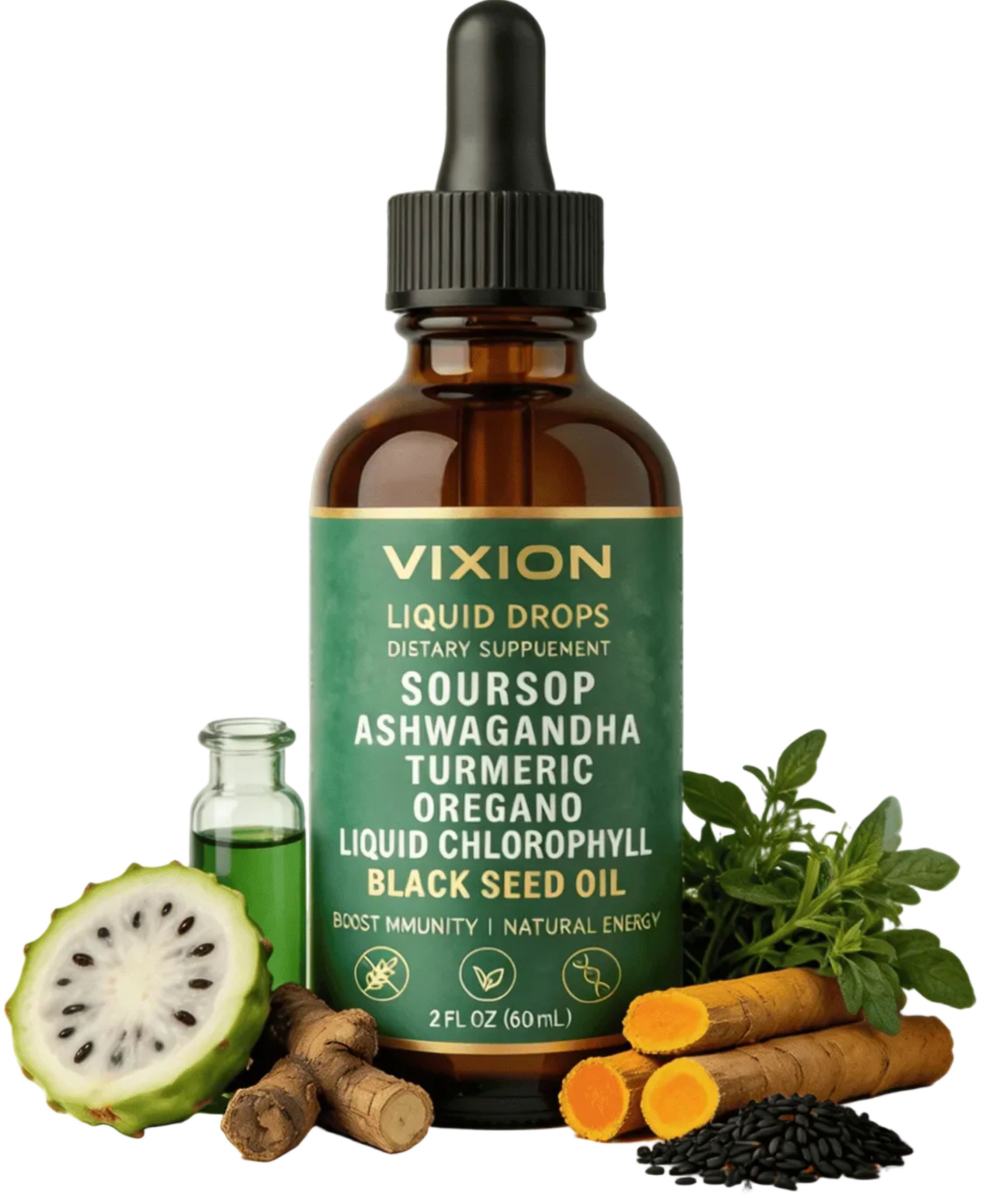 A bottle of Vixion Liquid Drops dietary supplement surrounded by its raw ingredients like soursop and turmeric.
