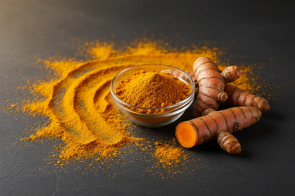 Turmeric root and turmeric powder in a glass bowl arranged on a dark surface.