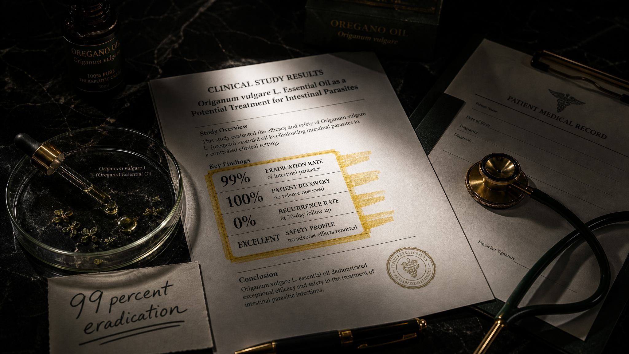 A clinical study paper on oregano oil shown with a stethoscope, medical chart, and a petri dish.