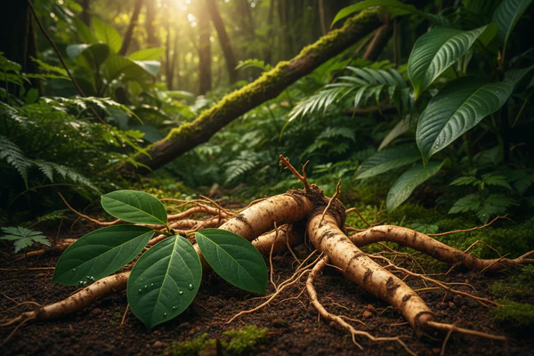 A ginseng root with attached green leaves lies on the soil of a lush, sunlit forest floor.