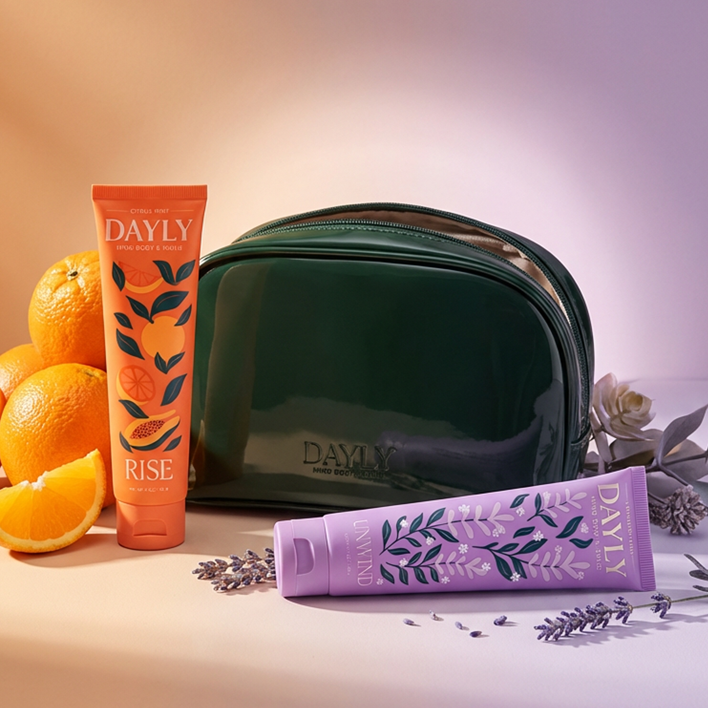 Two tubes of Dayly brand lotion, one orange and one lavender, with a green bag, oranges, and lavender.