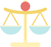 A stylized illustration of a set of yellow and blue balance scales.