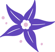 A stylized purple six-petaled flower with a white center and pink dots.